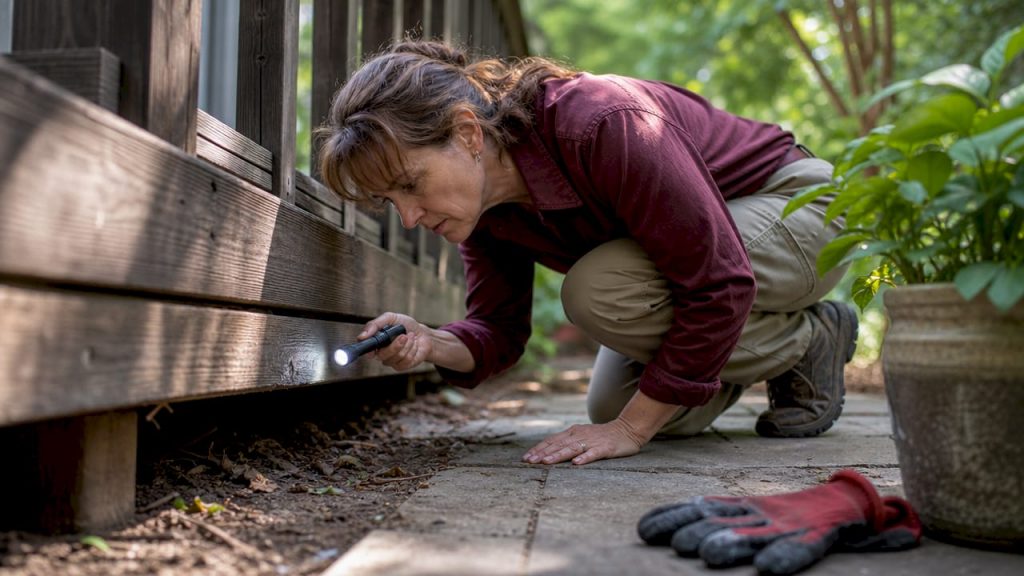 Woman inspecting home exterior for pest entry