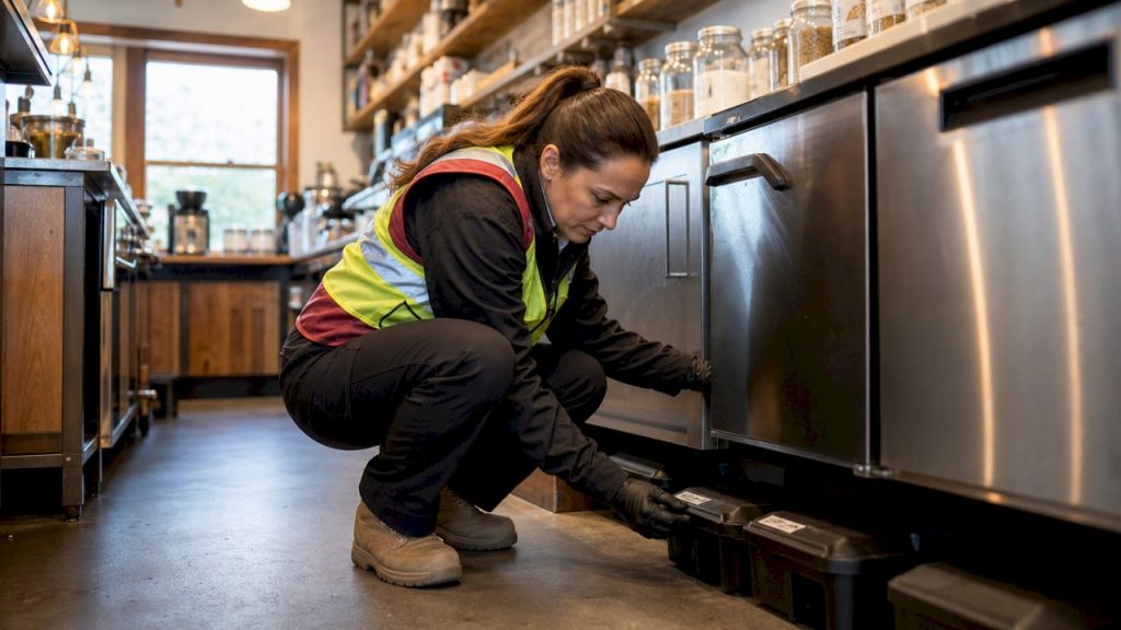 Technician inspecting bait stations in bakery kitchen