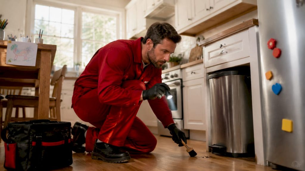 Exterminator inspecting home living room for pests