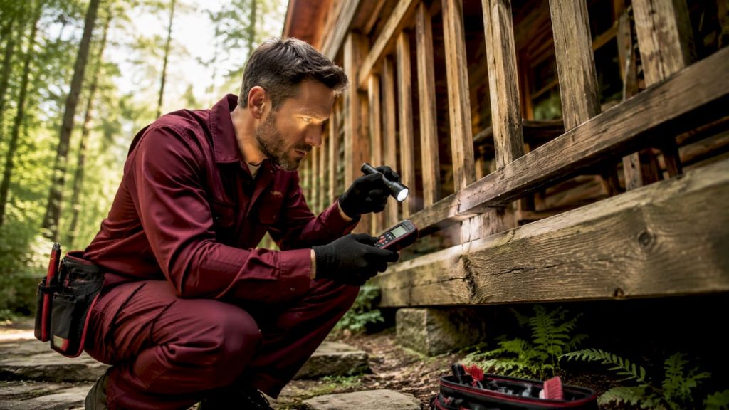 Pest control technician inspecting building exterior