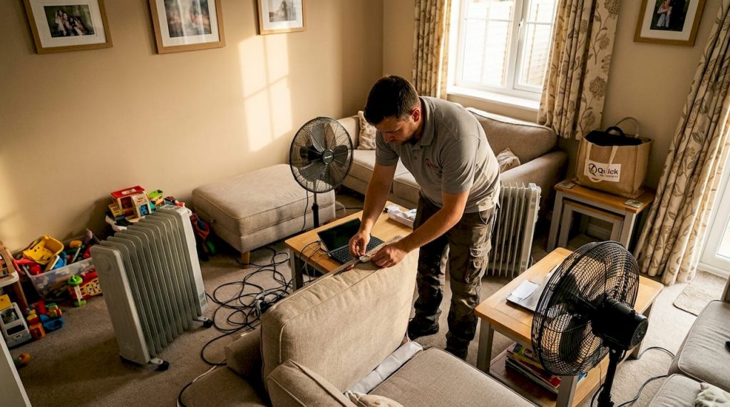 Technician setting up bedbug heat treatment equipment in home bedroom